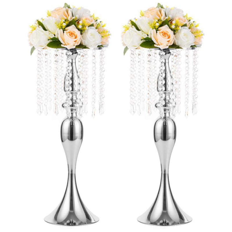 NUPTIO 2 Pcs 21.3 inches Tall Crystal Metal Vase Wedding Road Lead Flower Holders Centerpiece Crystal Flower Chandelier Metal Flower Vase for Reception Tables Wedding Supplies - Image 1